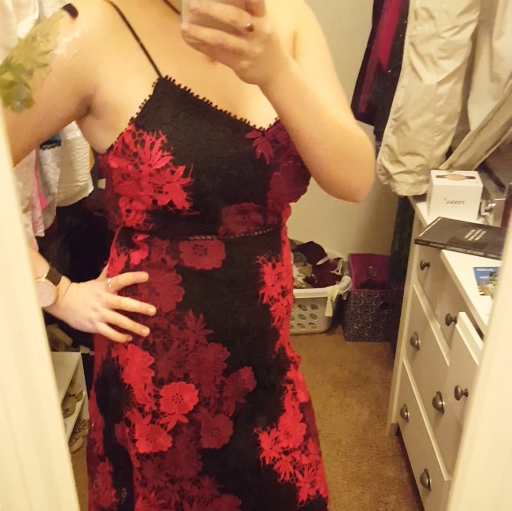 Stunning Bebe Red and Black Lace Dress